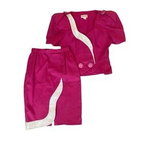 Vintage Raul Blanco Puff Sleeve Peplum Top‎ Skirt Set Size 8 Pink White Button